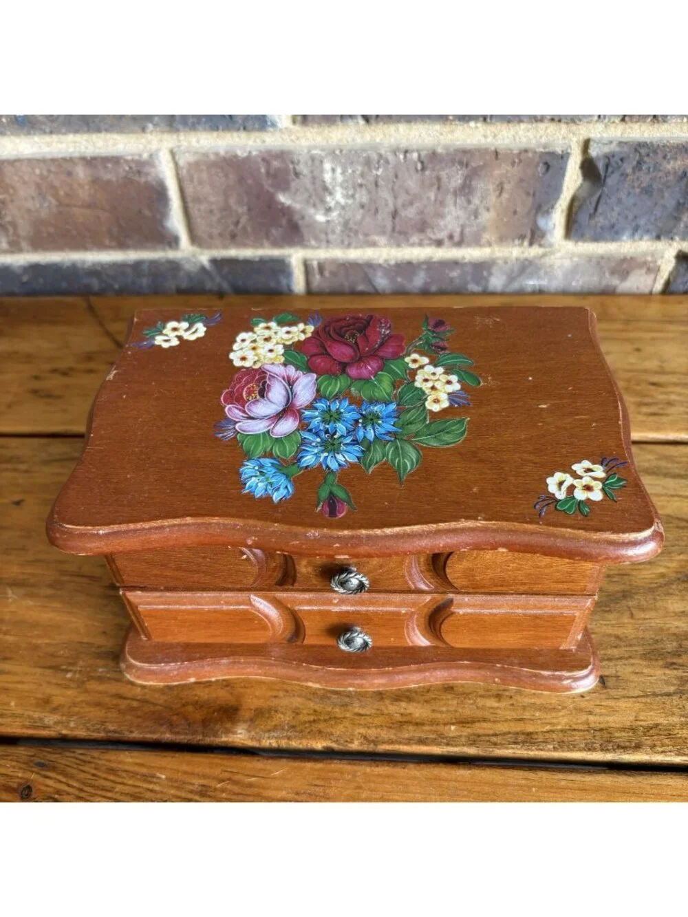 Vintage Small  Wooden Jewelry Box With Drawer Floral Decoupage Rub-on Transfer